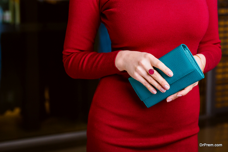 fashionable woman holding wallet.